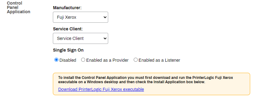 Admin Console showing printer object's Apps tab and "Download PrinterLogic Fuji Xerox executable" link. Admin Console showing printer object's Apps tab and "Download PrinterLogic Fuji Xerox executable" link.