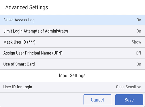 Printer showing Advanced Settings and "Use of Smart Card" turned On. Printer showing Advanced Settings and "Use of Smart Card" turned On.
