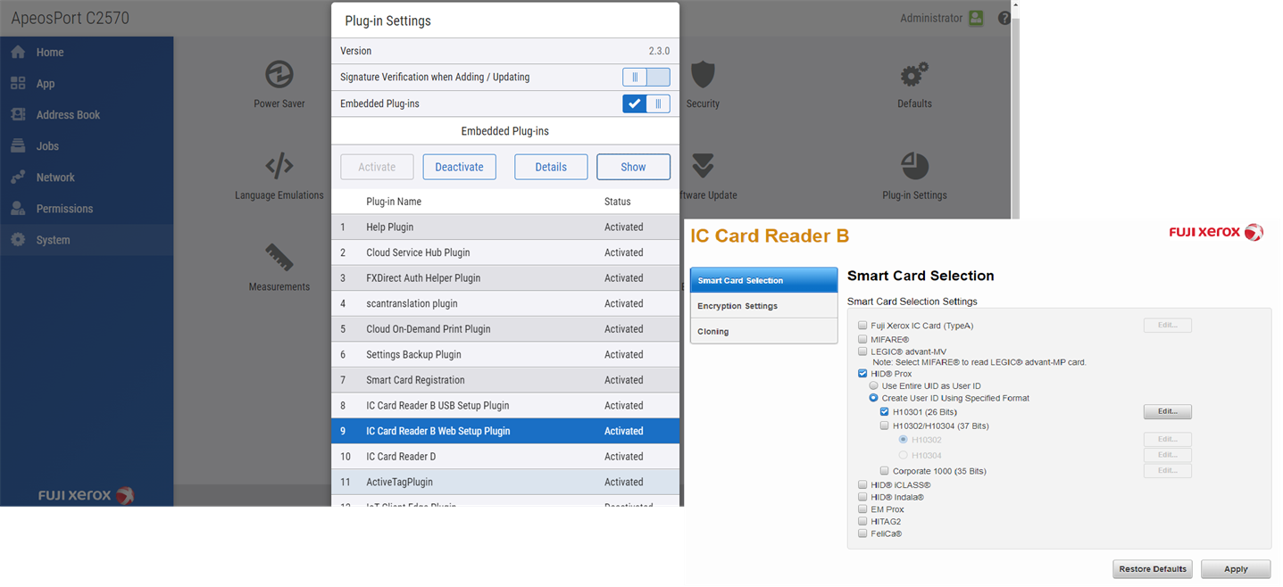 Printer showing "Plug-in Settings" and IC Card Reader B modals. Printer showing "Plug-in Settings" and IC Card Reader B modals.