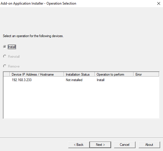 "Add-on Application installer" window showing Install option. "Add-on Application installer" window showing Install option.