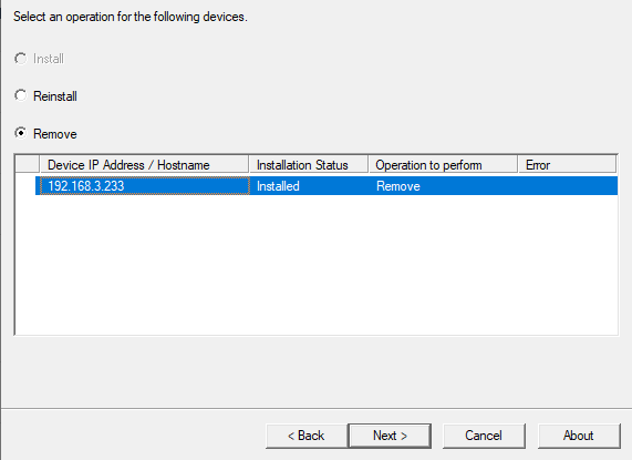 "Add-on Application installer" window showing Remove option. "Add-on Application installer" window showing Remove option.