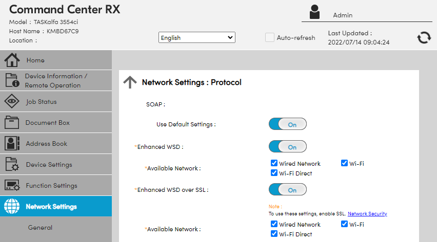 Web interface portal showing Network Settings tab and Protocol section. Web interface portal showing Network Settings tab and Protocol section.