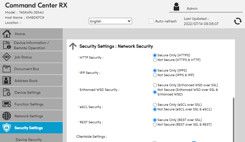 Web interface portal showing Security Settings tab and Network Security section. Web interface portal showing Security Settings tab and Network Security section.