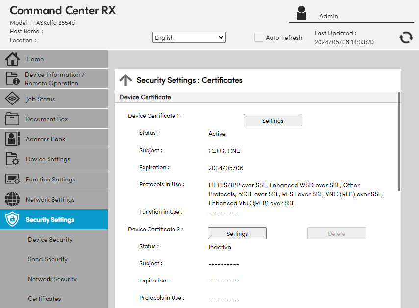 Web interface portal showing Security Settings and Certificates section. Web interface portal showing Security Settings and Certificates section.