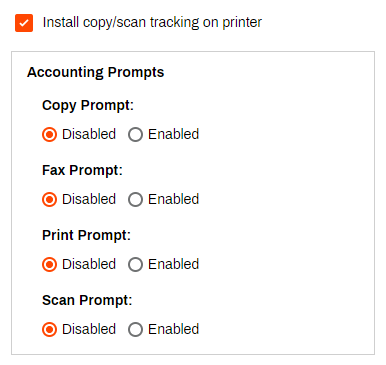 Admin Console showing printer object's Apps tab and Accounting Prompts section. Admin Console showing printer object's Apps tab and Accounting Prompts section.
