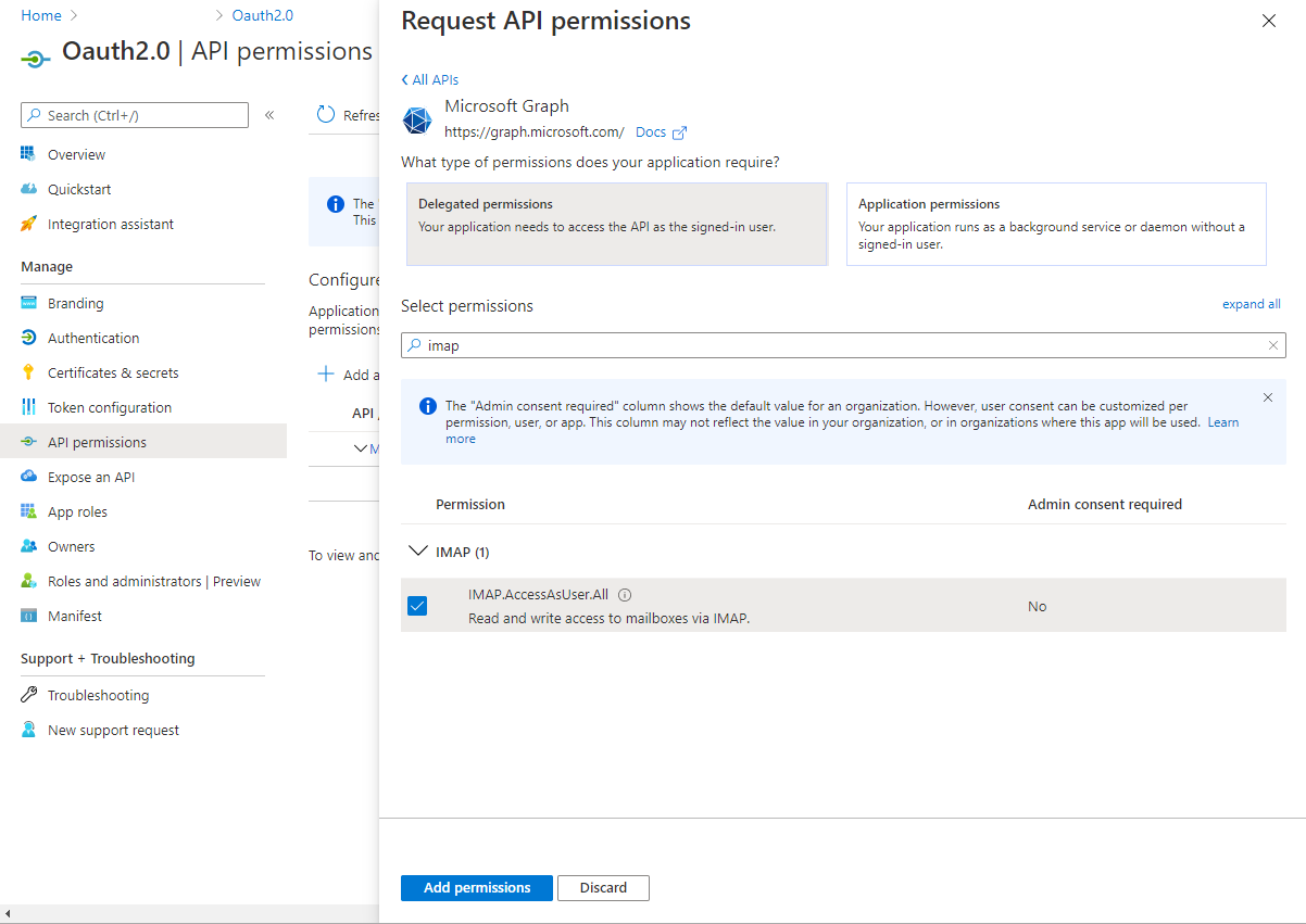 Microsoft Entra admin center showing "Request API permissions" page. Microsoft Entra admin center showing "Request API permissions" page.