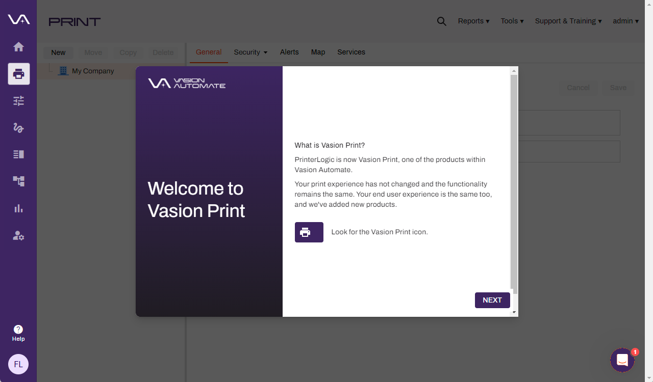 New Vasion Print welcome. New Vasion Print welcome page.