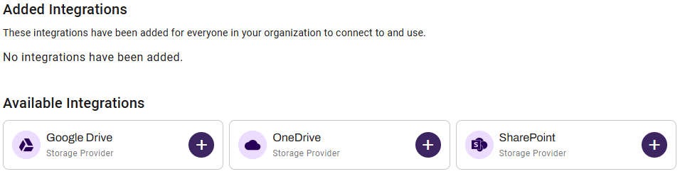 Admin Console showing available integrations. Admin Console showing available integrations.