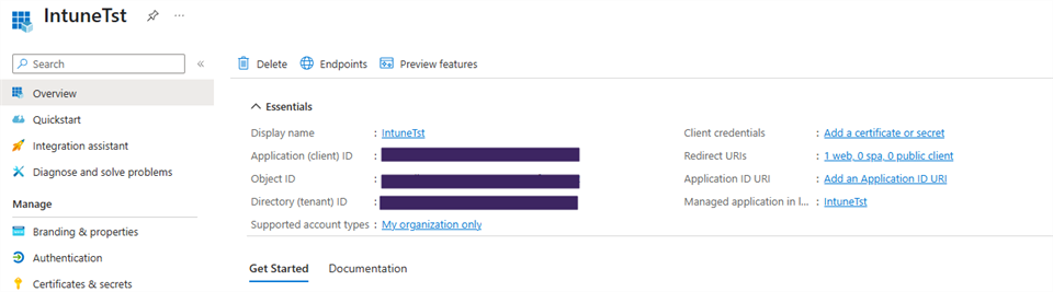 Intune application overview page. Intune application overview page showing the Essentials section.