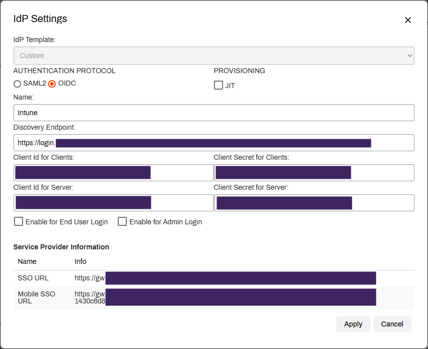 IdP Settings modal showing the filled in fields.