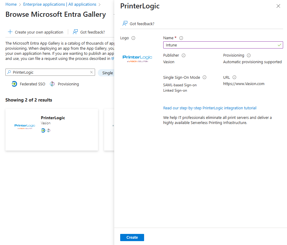 Entra ID showing the PrinterLogic search result and create new app modal to the right-side.