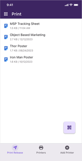 Print screen Print screen displaying held print jobs.