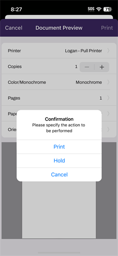 Print Cofnirmation modal Confirmation message modal with options to Print, Hold, or Cancel.