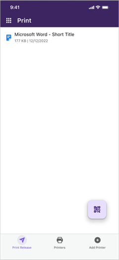 Print release screen. Print Release screen showing one print job