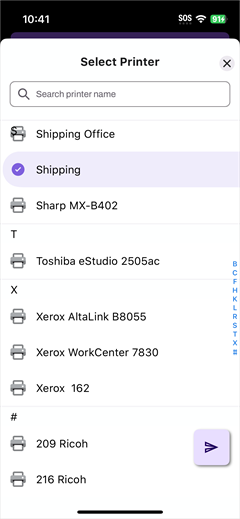 Select a printer and tap the Send button. Select Printer screen showing a printer seleccted and the send button enabled.