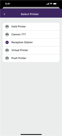 Select printer modal. iOS select printer modal with available pritners.