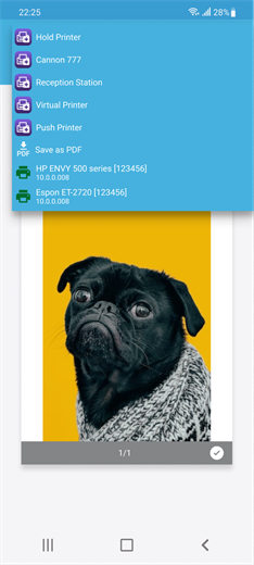 Select a printer List of printers installed on an Android device.