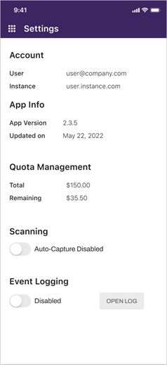 Settings screen showing cost quota Settings screen showing cost quota.