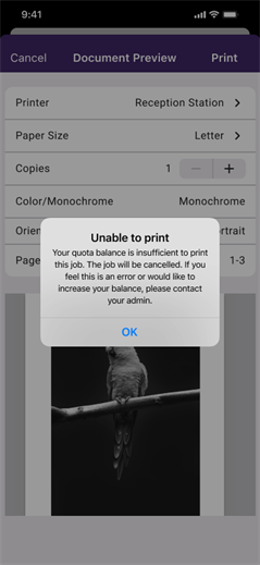Insufficient balance message Unable to print message due to insufficient quota balance.