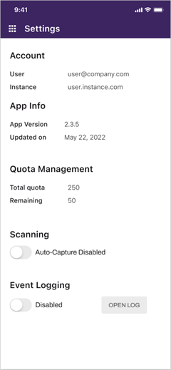 Settings screen showing print volume quota Settings screen showing print volume quota.