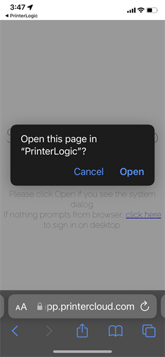 Tap open to return to the app. Modal requesting permission to open the PrinterLogic app.