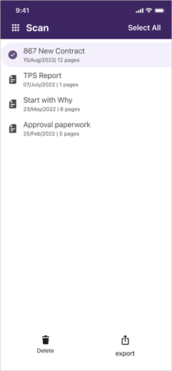 Scan Home screen with a document selected Scan Home screen with a document selected.