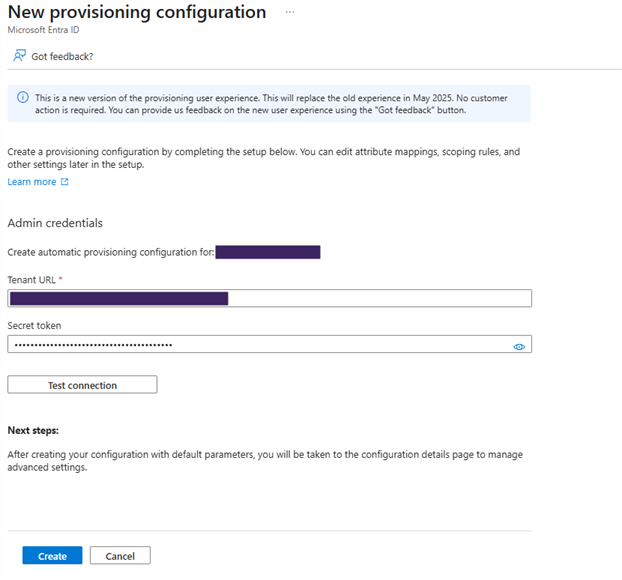 New provisioning configuration page. New provisioning configuration page.