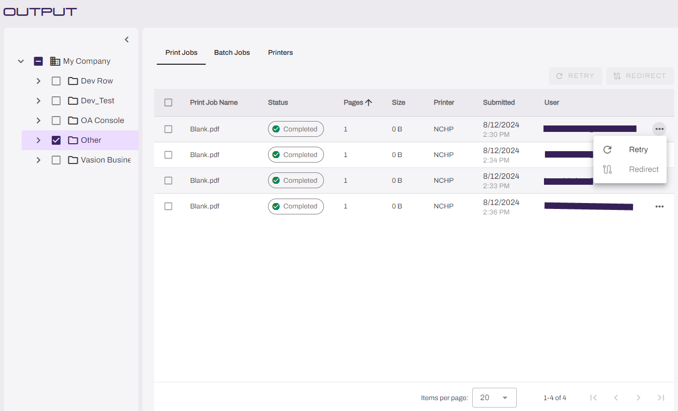 Output Automation Console Output Automation Console showing print jobs in queue