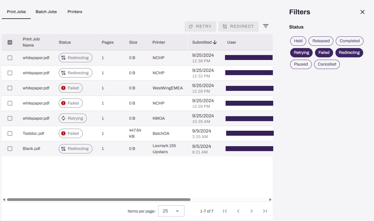 Print Jobs window showing the Filters sidebar expanded and a couple of Status filters selected.