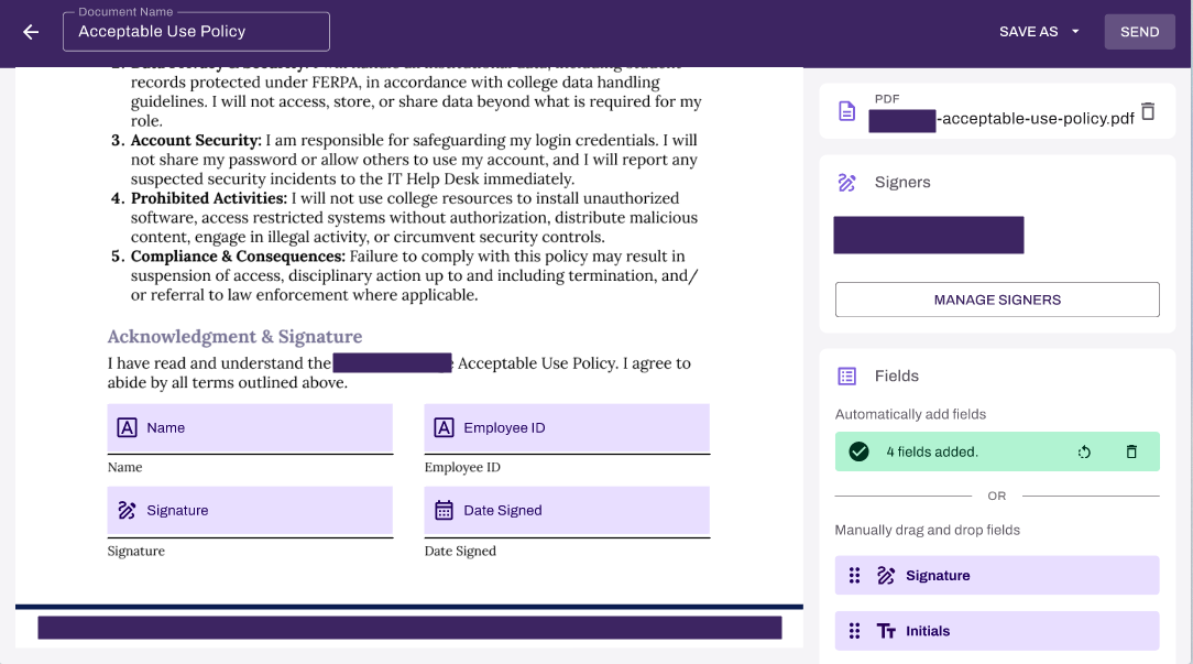 Form viewer showing the options for adding fields, signers, saving, and sending.