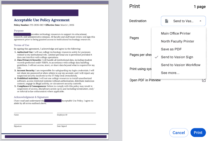 Document showing the print dialog and the Send To Vasion Sign option selected.