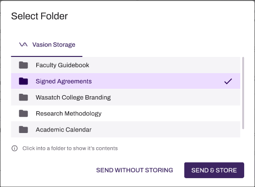 Select Folder modal showing a list of available storage locations.