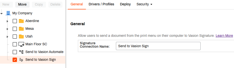 Tree structure showing the Send to Sign object selected and the General tab settings showing.
