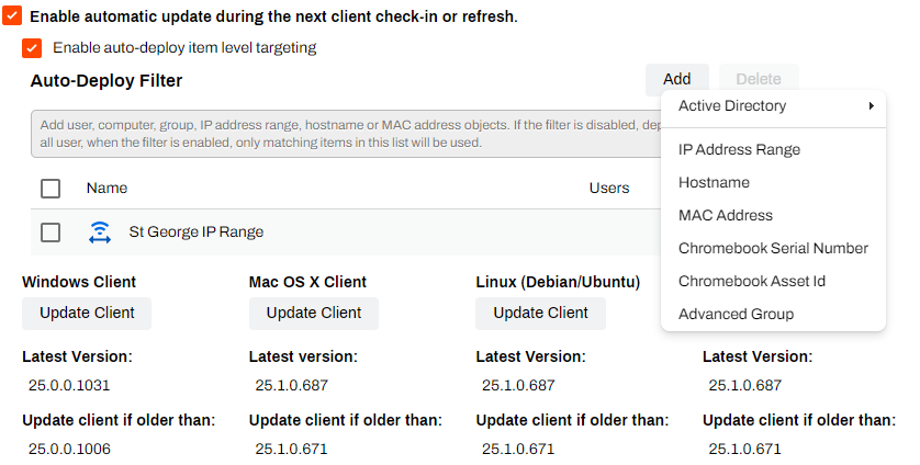 Admin Console showing Client Settings, Automatic Client Update section, and objects in Auto-Deploy Filter section.