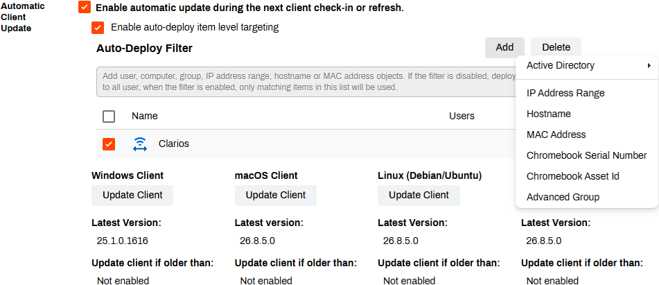 Admin Console showing Client Settings, Automatic Client Update section, and objects in Auto-Deploy Filter section.