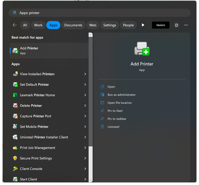 Windows start menu Windows 11 Start Menu showing Vasion Print Client options after installation.