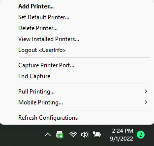 System Tray options. System Tray showing the Vasion Print icon and the Client options.