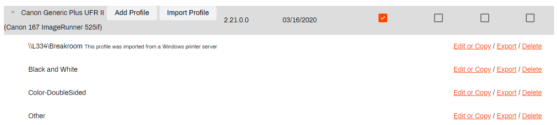 Admin Console showing Driver / Profile Repository and driver with multiple associated driver profiles and management options. Admin Console showing Driver / Profile Repository and driver with multiple associated driver profiles and management options.