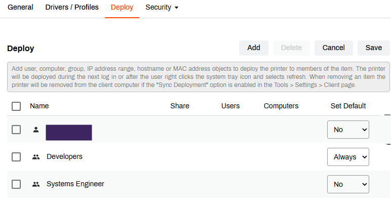 Deployment tab showing the assigned deployments.