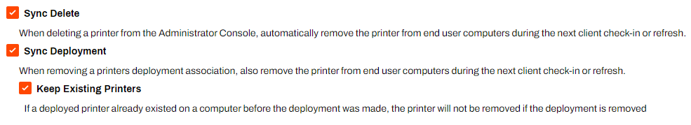Admin Console showing Client Settings and sync options in TCP/IP & Windows Shared Printer Settings section. Admin Console showing Client Settings and sync options in TCP/IP & Windows Shared Printer Settings section.