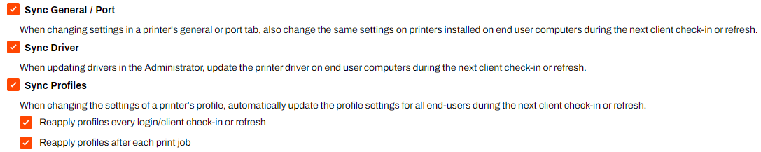 Admin Console showing Client Settings and sync options in TCP/IP Printer Settings section. Admin Console showing Client Settings and sync options in TCP/IP Printer Settings section.