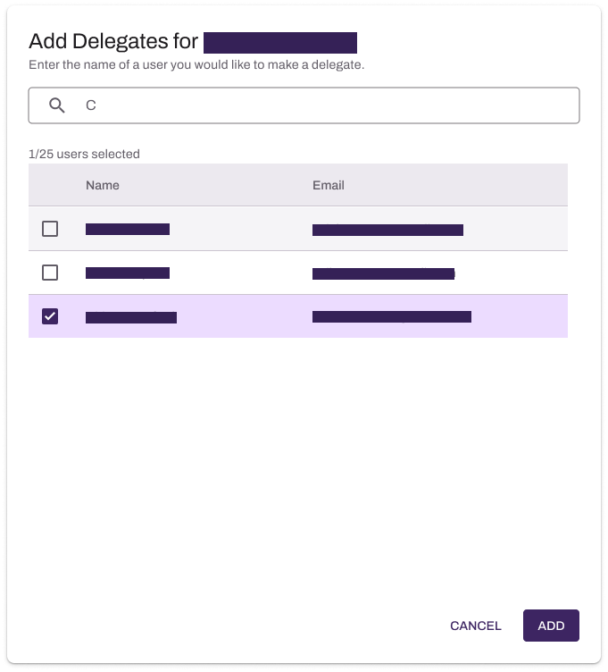 Admin Console showing modal to add delegates. Admin Console showing modal to add delegates.