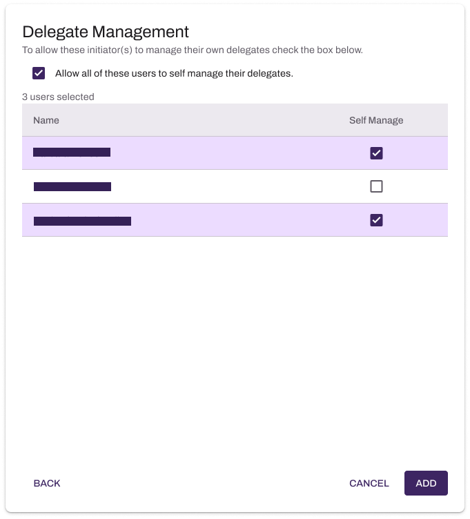 Admin Console showing Delegate Management modal. Admin Console showing Delegate Management modal.