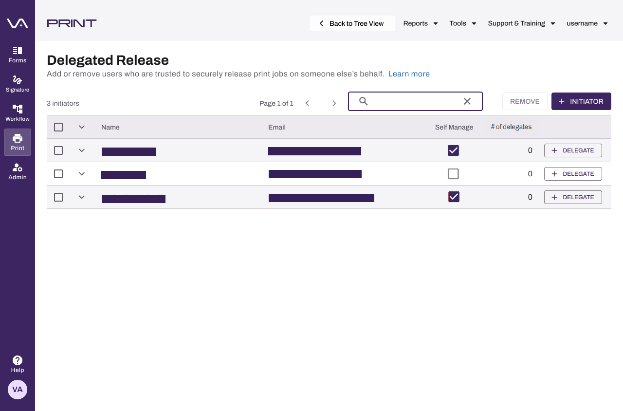 Admin Console showing Delegated Release page and Self Manage column. Admin Console showing Delegated Release page and Self Manage column.