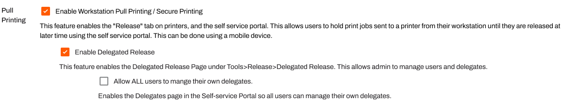Admin Console showing Printing Configuration and Pull Printing section. Admin Console showing Printing Configuration and Pull Printing section.