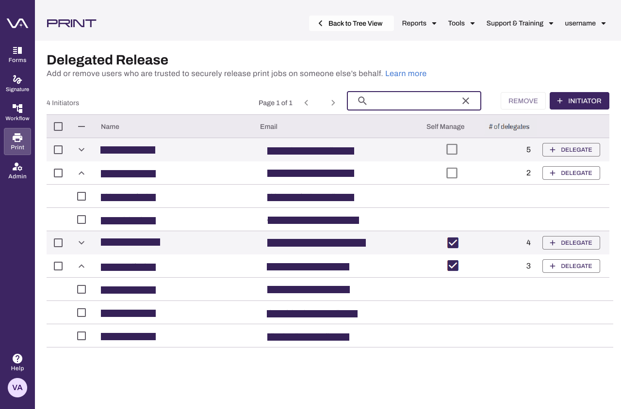 Admin Console showing Delegated Release page. Expanded initiator rows show assigned delegates. Admin Console showing Delegated Release page. Expanded initiator rows show assigned delegates.