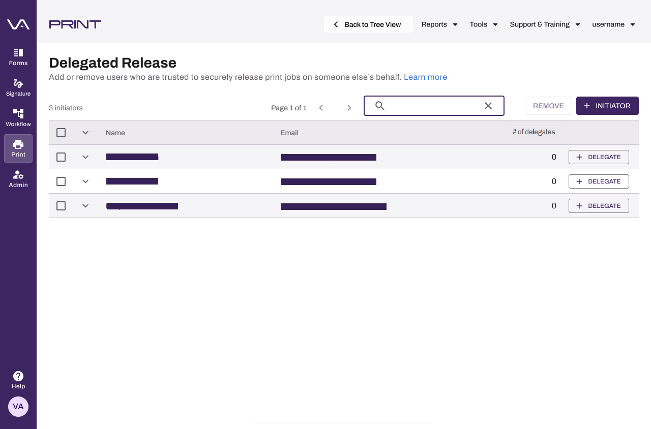 Admin Console showing Delegated Release page with initiators and no Self Manage column. Admin Console showing Delegated Release page with initiators and no Self Manage column.