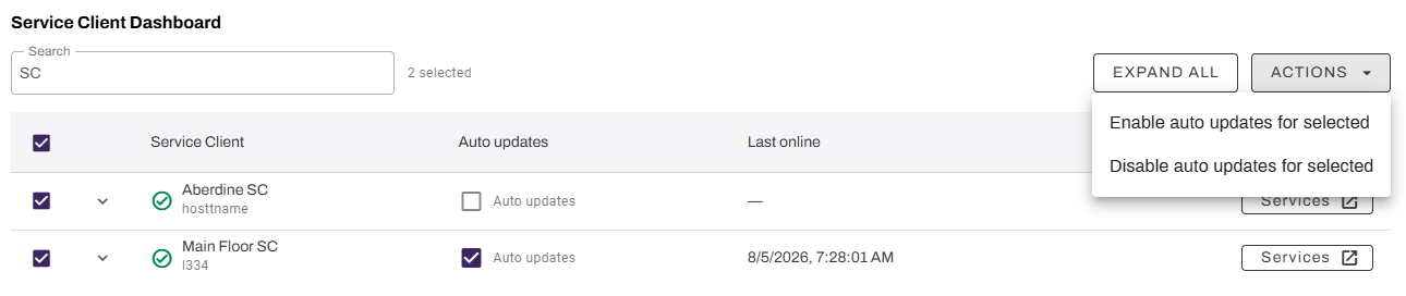 Report showing the selected Service Agents and the expanded Actions menu. Report showing the selected Service Agents and the expanded Actions menu.
