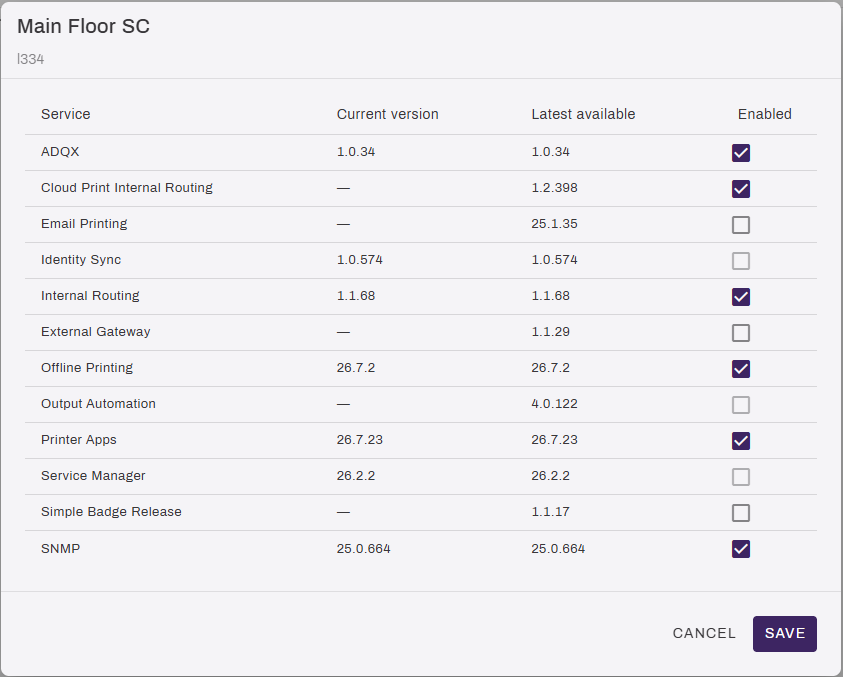 Services modal showing the enabled services for the selected Service Agent. Services modal showing the enabled services for the selected Service Agent.
