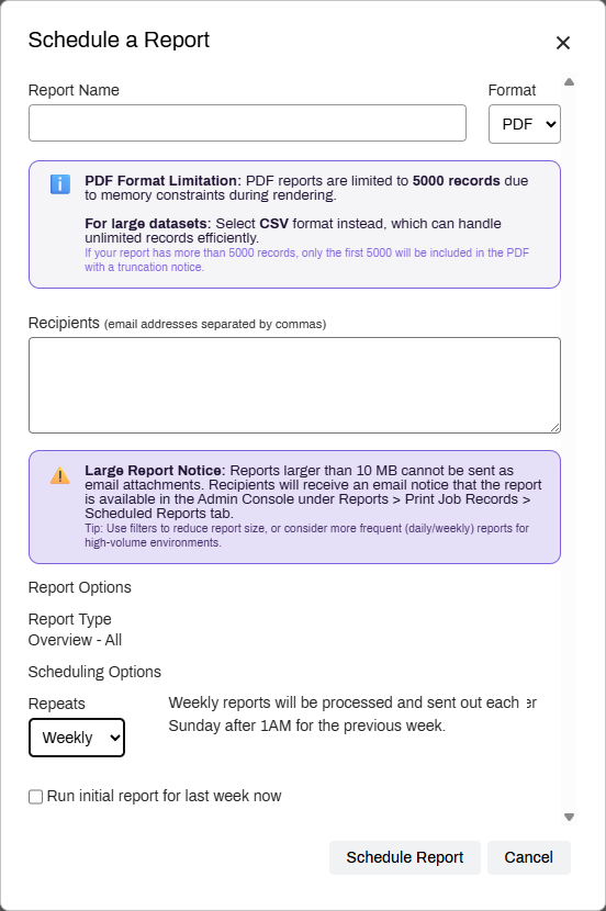 Schedule a Report modal showing options for Weekly overview report. Schedule a Report modal showing options for Weekly overview report.